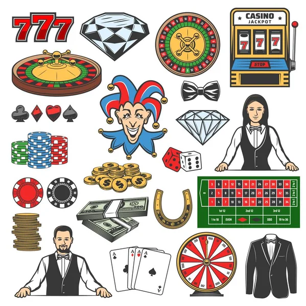 Gambling game icons, casino roulette, chips, dice — Stock Vector