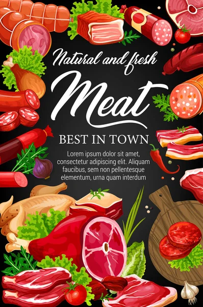 Hús, marha- és sertéskolbász, fűszernövények és fűszerek — Stock Vector