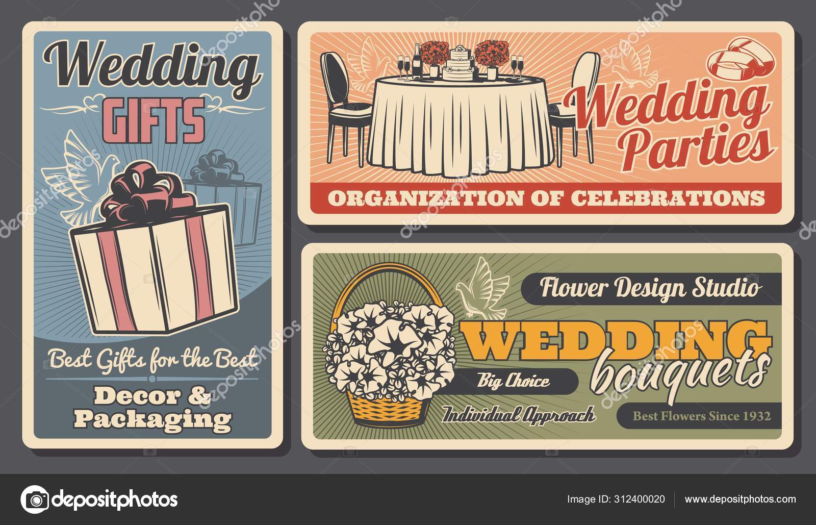 Обручальные Кольца, Подарки И Торты, Голуби И Букеты Векторное.