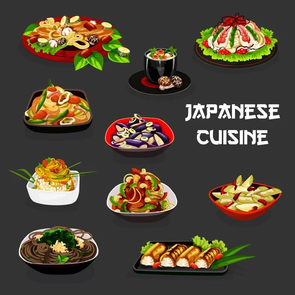 Fideos japoneses con ensaladas de verduras y pescado — Vector de stock