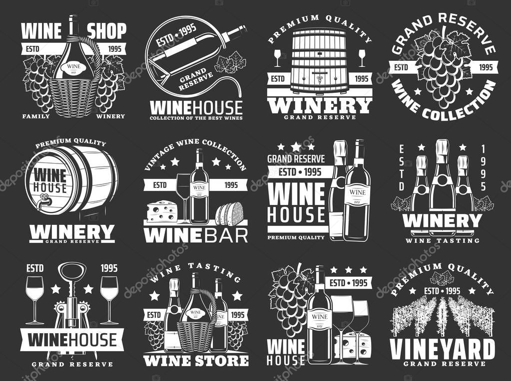 Wine bottle and winery barrel vector icons. Alcohol drinks of grape fruit, wine glasses, champagne and corkscrew, vineyard with grape vines, cheese and bread snack food. Winehouse emblems design