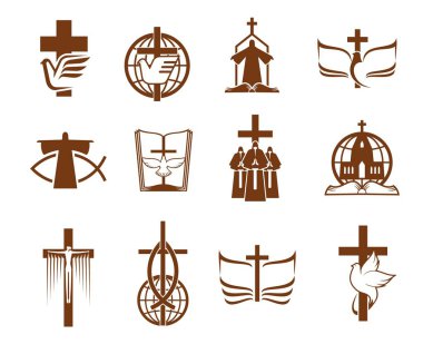Cross, Bible, dove and priest, religion icons clipart