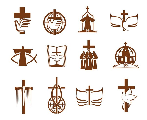 Cross, Bible, dove and priest, religion icons