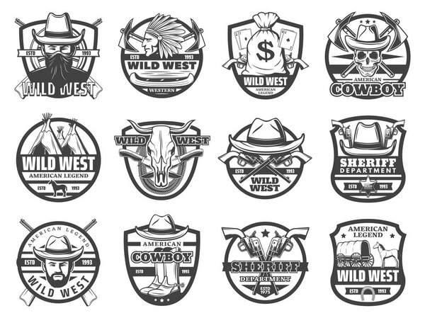 Wild West sheriff, American cowboy, skull and guns