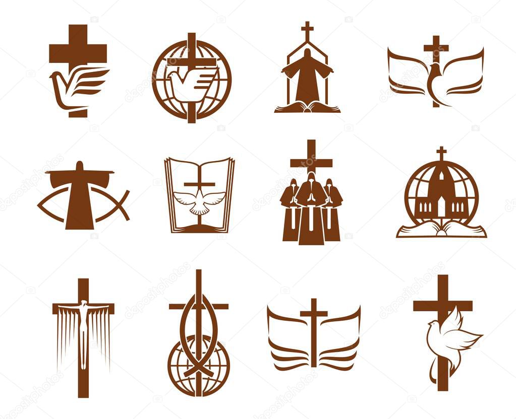 Cross, Bible, dove and priest, religion icons