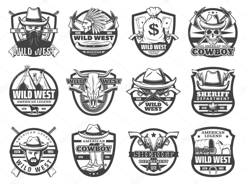 Wild West vector icons of cowboy, sheriff and skull, American western hats, guns and ranger star badge, horse, vintage wagon and Indian chief, revolvers, bandana and rifles. USA history themes