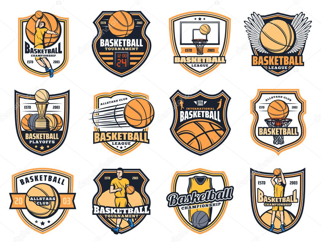 Basketball sport icons with vector balls, players and winner trophy cups, basket, hoop and scoreboard, uniform jersey and wings. Basketball club or team heraldic badges design