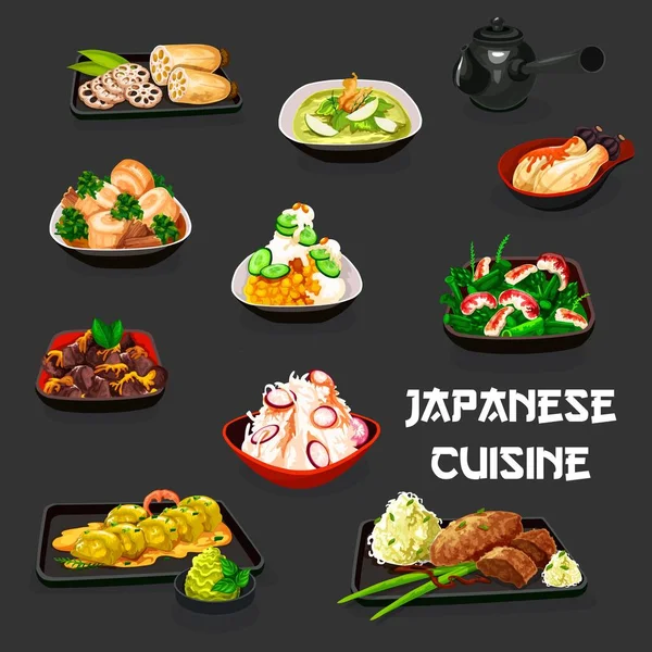 Platos de verduras japonesas con carne y mariscos — Vector de stock