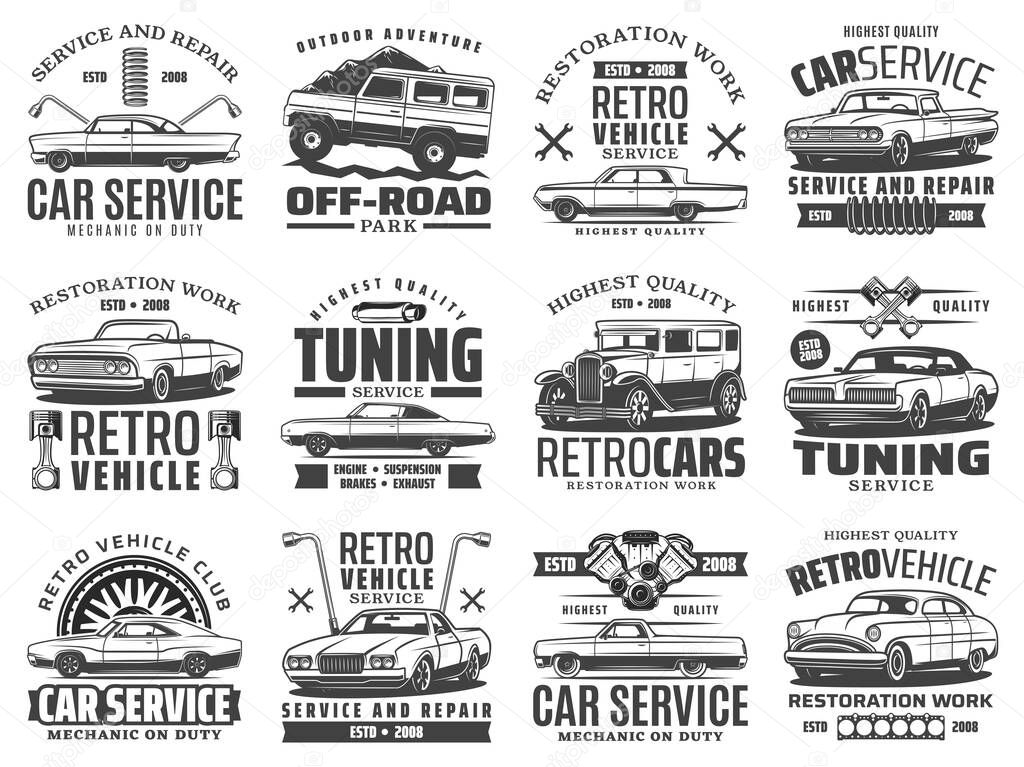 Retro car icons of auto repair, tuning and restoration service vector design. Vintage vehicle wheels, tires and engine spare parts, pistons, wrenches and spanners, shock absorbers and cylinder gaskets