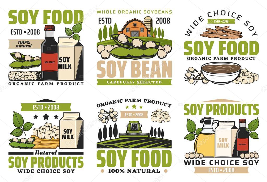 Soy beans food. Milk, meat, sauce icons