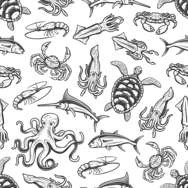 Animales submarinos patrón inconsútil monocromo — Vector de stock