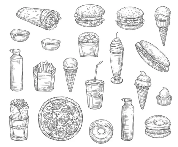 Comida rápida y bebidas, postres. Boceto vectorial — Archivo Imágenes Vectoriales