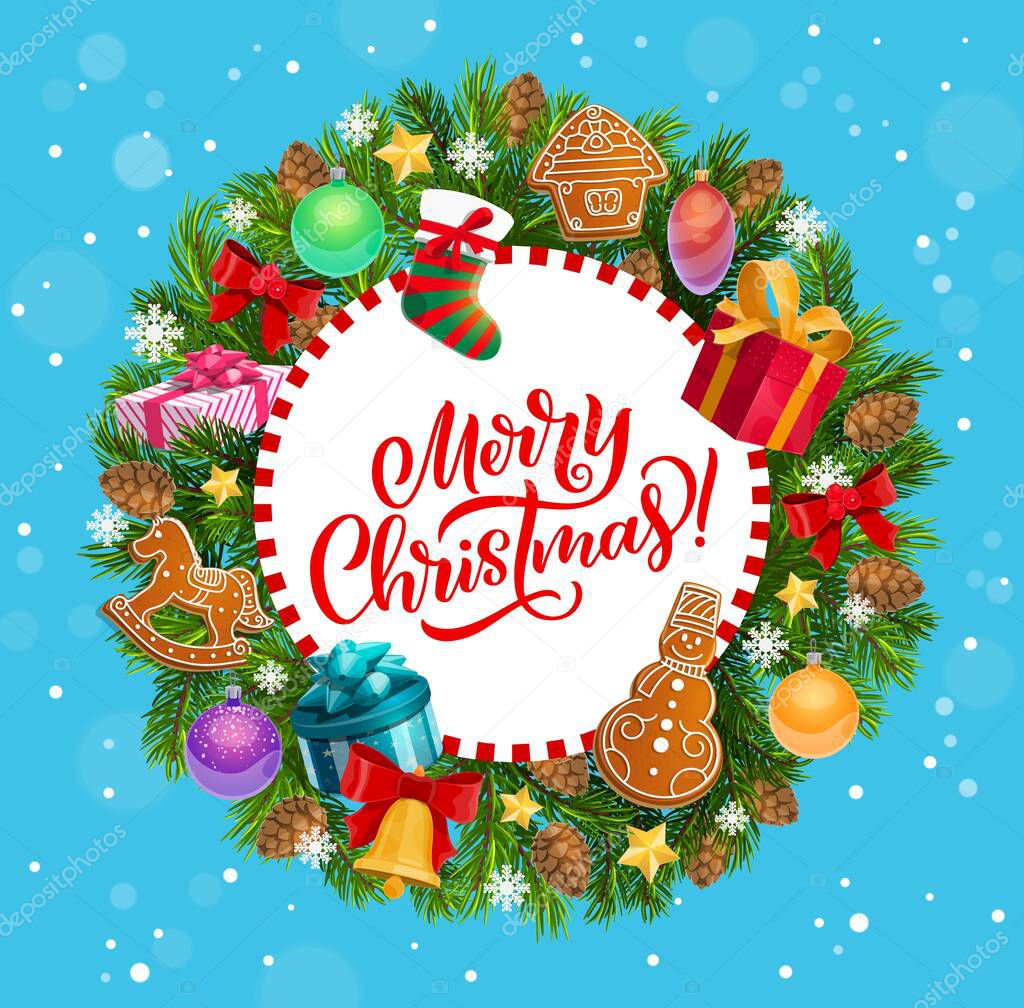 Christmas holiday greeting, Xmas tree wreath. Vector gingerbread cookies and sock, jingle bell and gift boxes, bow and cones, balls and presents, star and snowflakes, congratulation and celebration