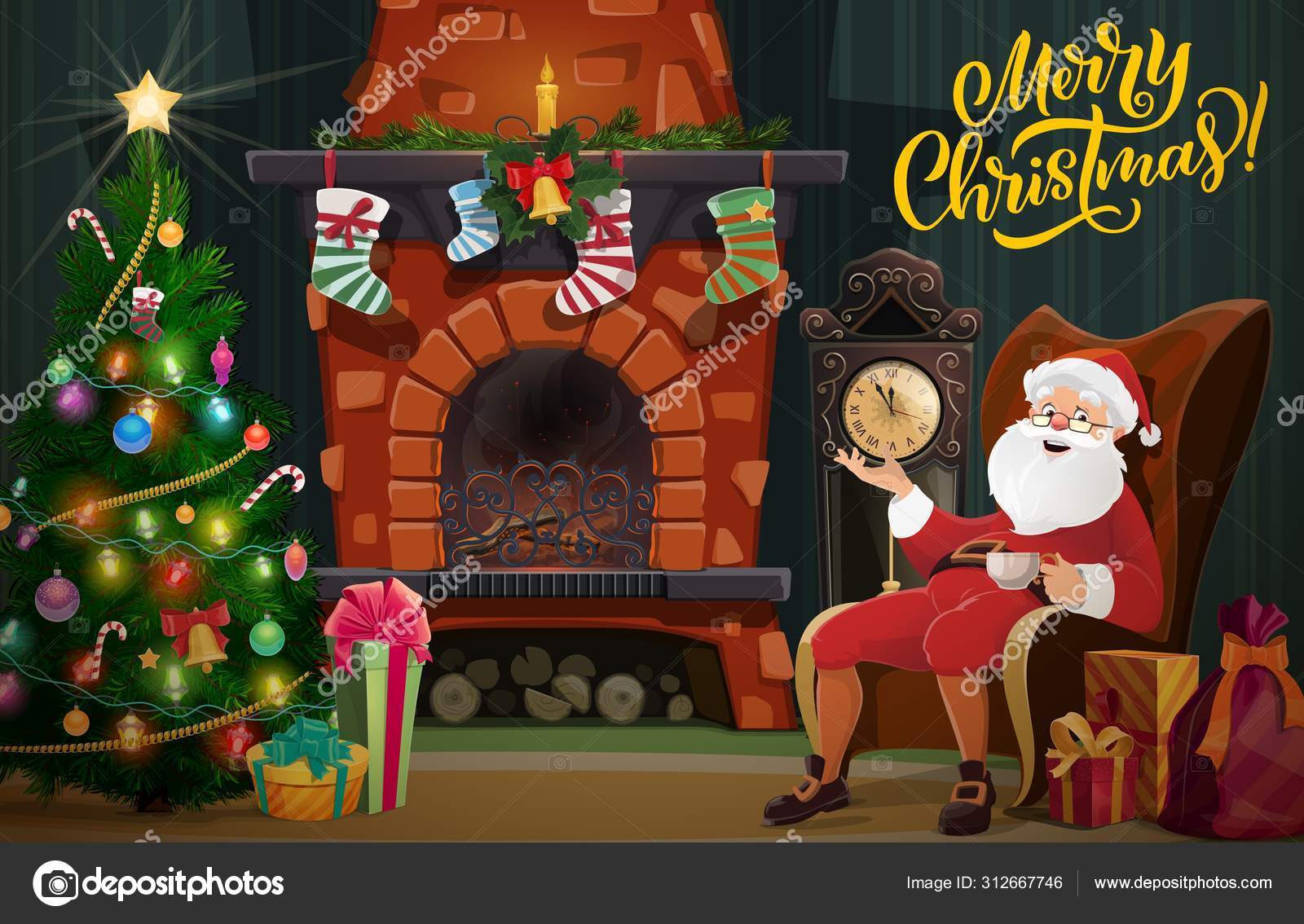 Christmas fireplace, Xmas tree, gifts and Santa Stock Vector Image by  ©Seamartini #312667746