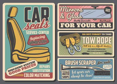 Araba koltuğu, oto çekme kemerleri, ayna, fırça kazıyıcı.