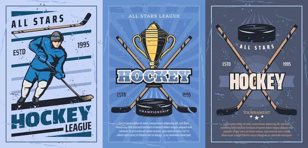 Palos de hockey sobre hielo, discos, trofeo, jugador en pista — Vector de stock