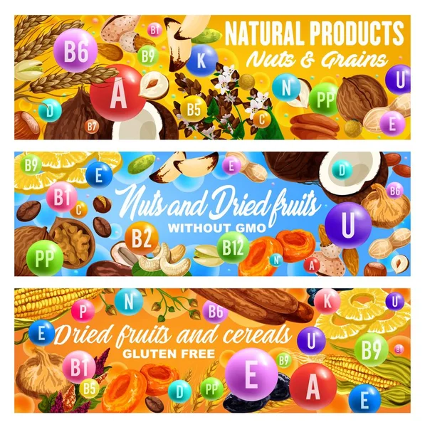 Nozes, frutas secas, vitaminas de cereais. Alimentos saudáveis —  Vetores de Stock