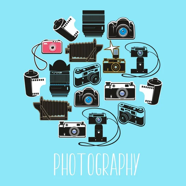 Old and modern camera, film and flash light — Stock Vector