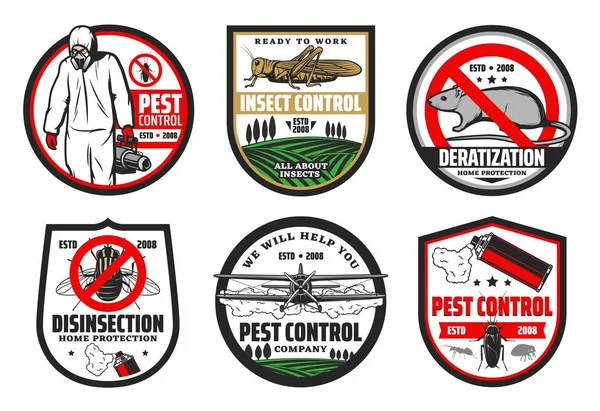 Deratization, pest, insects control icons — Stock Vector