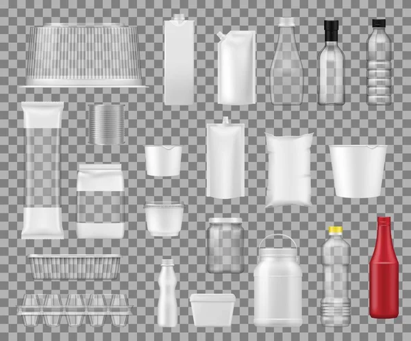 塑料容器、食品和饮料包 — 图库矢量图片