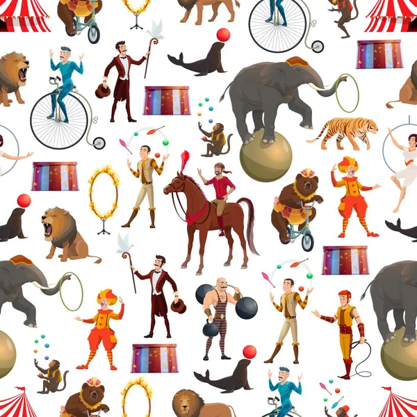 Cirkusová zvířata a ekvilibristé hladký vzor — Stockový vektor