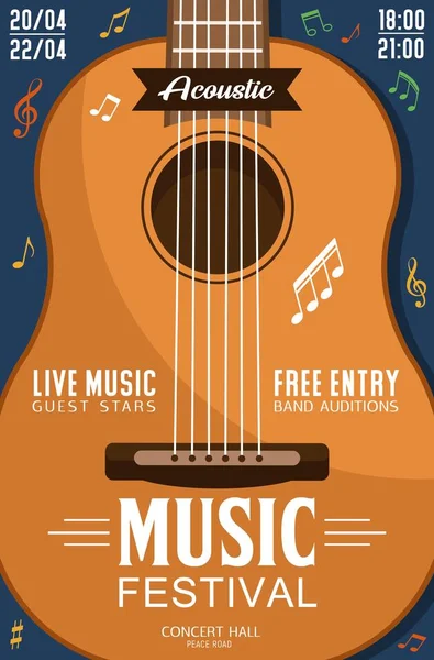 Guitare acoustique, affiche festival de musique — Image vectorielle