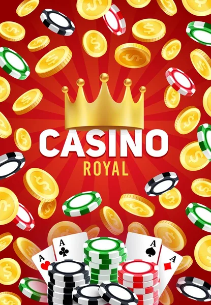 Casino cartes de poker, couronne, jetons et pièces — Image vectorielle