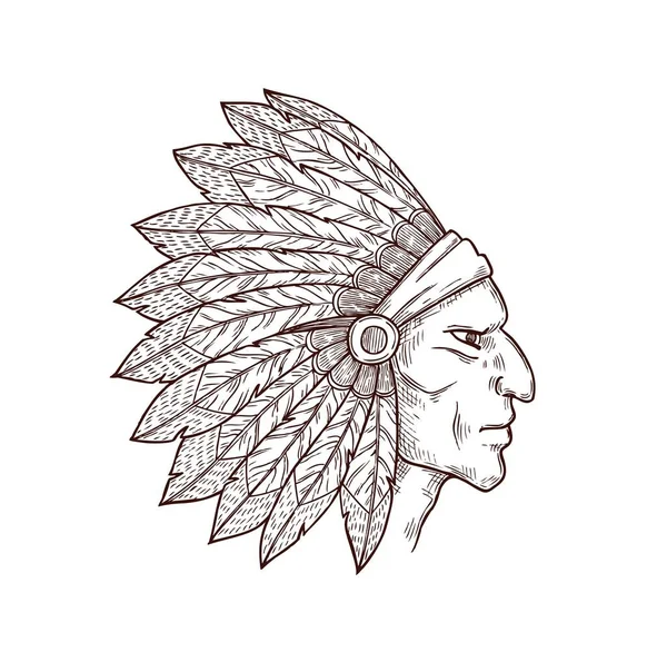 Jefe indio nativo americano con plumas en la cabeza — Vector de stock