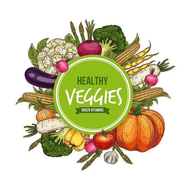 Moldura redonda de vegetais, esboço de comida — Vetor de Stock