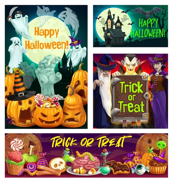 Bruja de Halloween, vampiro, mago, fantasmas, calabazas — Vector de stock