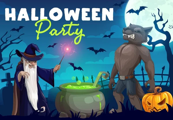 Halloween werewolf and wizard making potion — Stock Vector