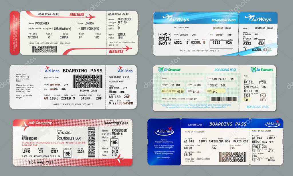 Boarding pass and plane ticket, vector mockups