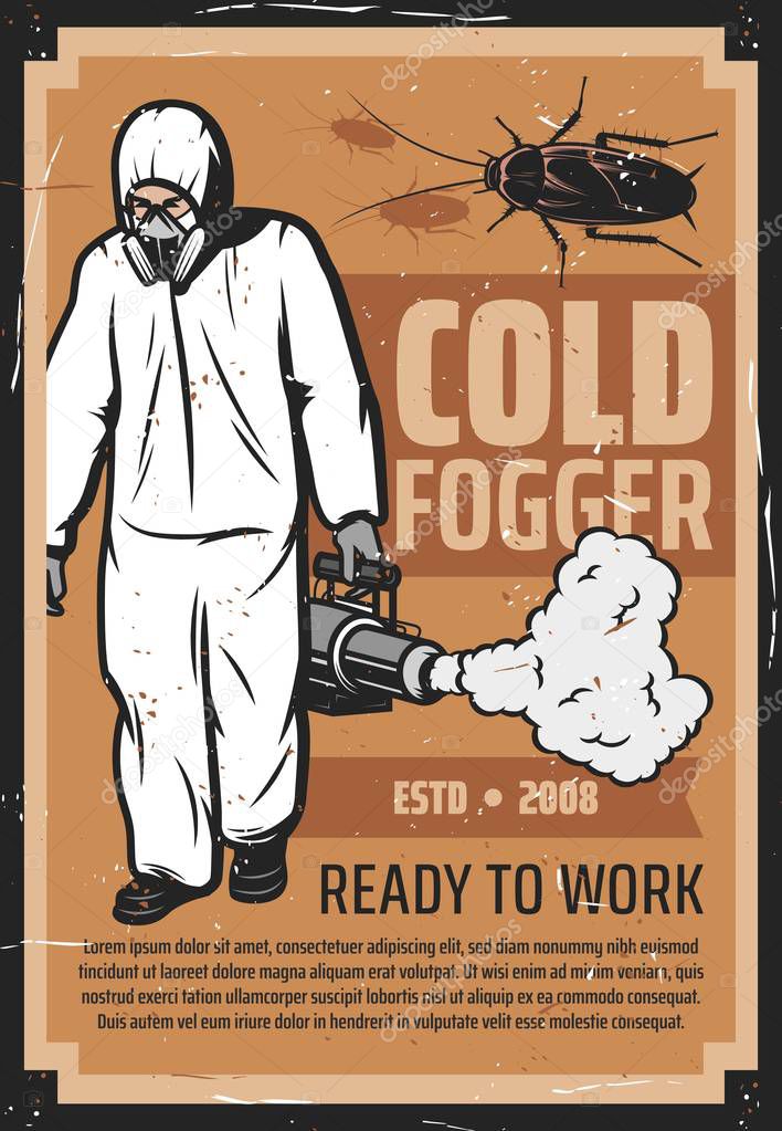 Exterminator with cold fogger, insect control