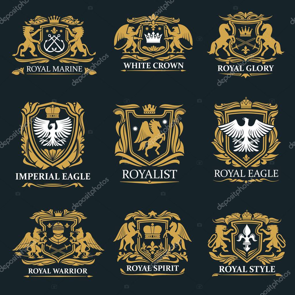 Heraldry golden royal signs and coat of arms. Vector marine symbol with crossed anchors, crown and glory, imperial eagle and royalist. Warriors spirit, gryphon and griffin, pegasus and falcon