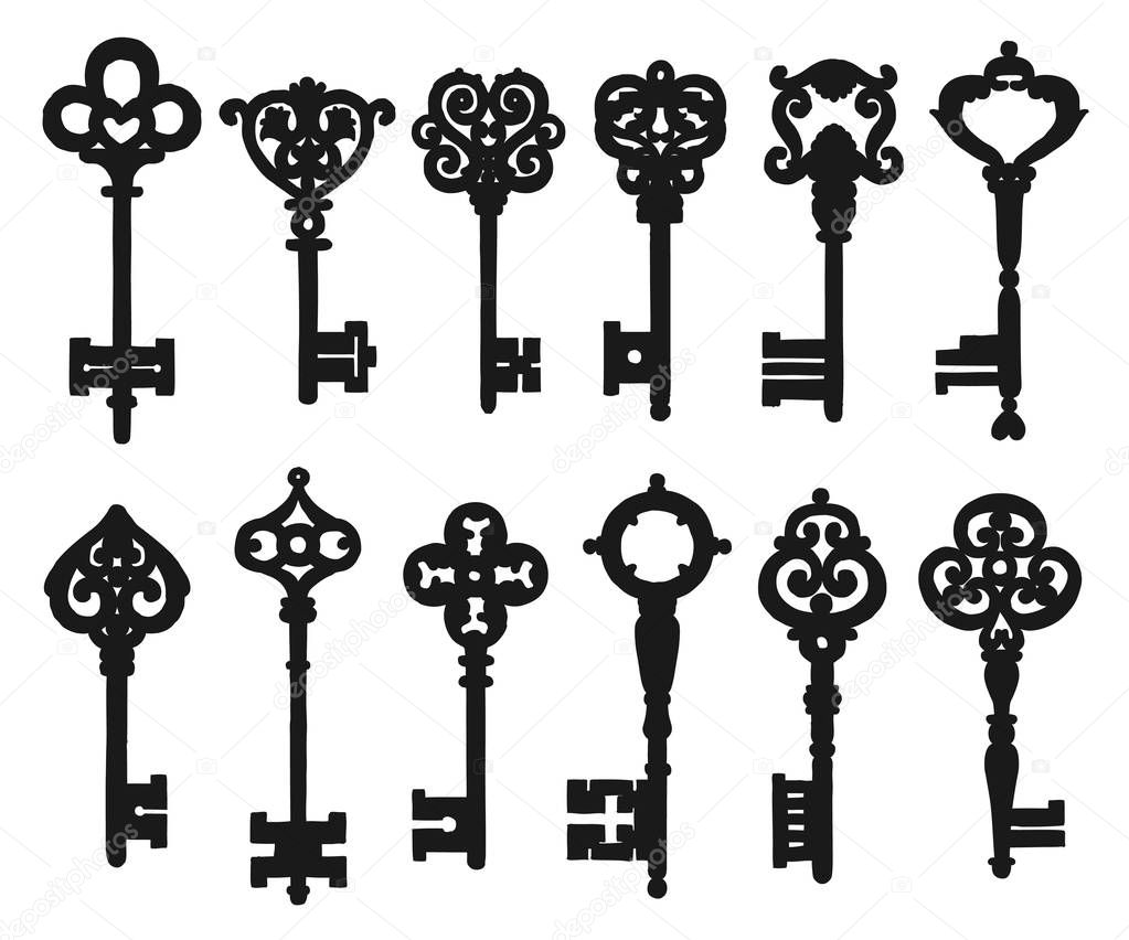 Vintage isolated black key silhouettes