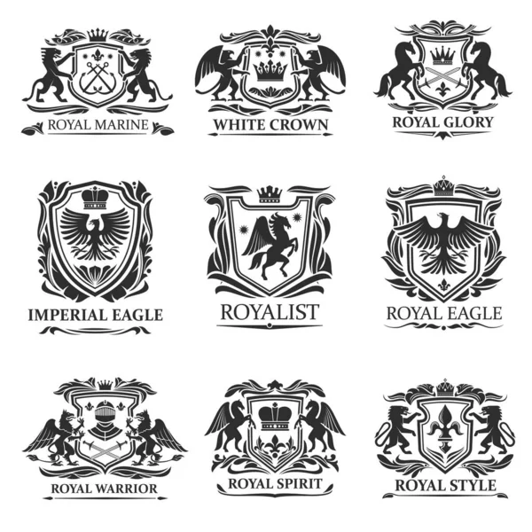 Aigles héraldiques, lions, couronnes. Héraldique royale — Image vectorielle