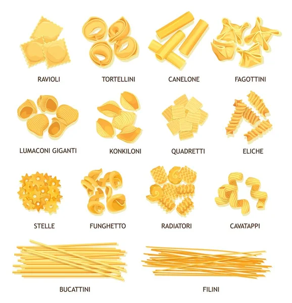 Pâtes italiennes, spaghettis, fusilli et macaroni — Image vectorielle