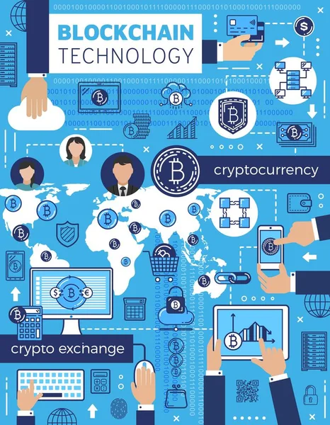 Bitcoin, blockchain, criptomoeda e computador — Vetor de Stock