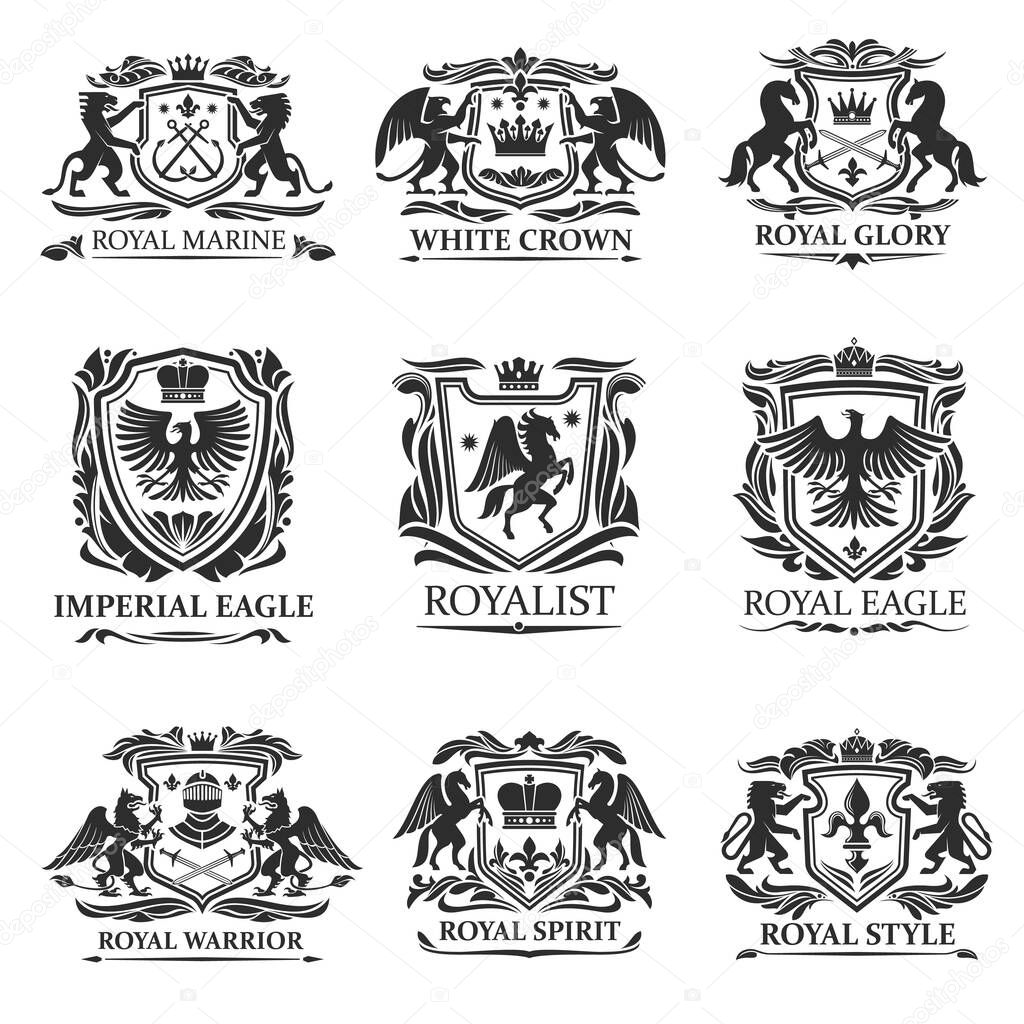 Heraldic eagles, lions, crowns. Royal heraldry