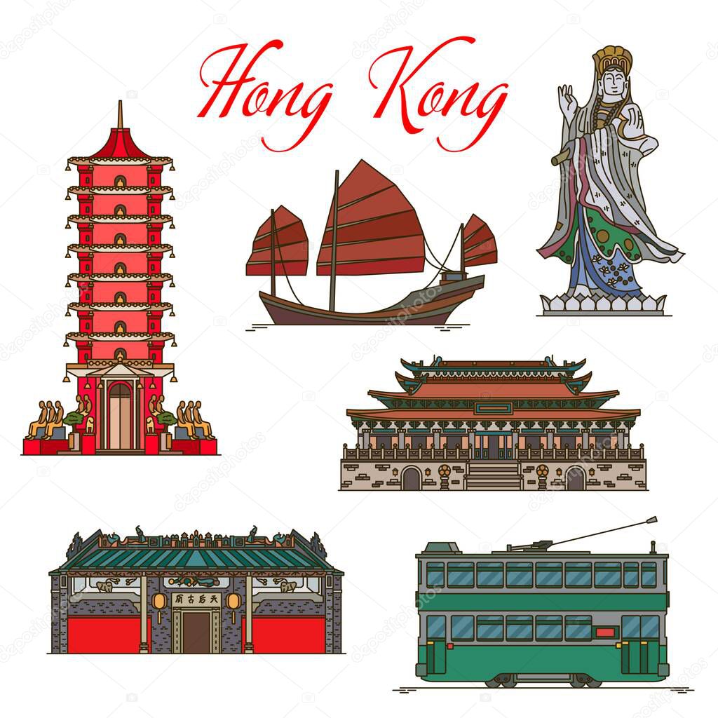 Hong Kong travel landmarks of junk, tram, temples