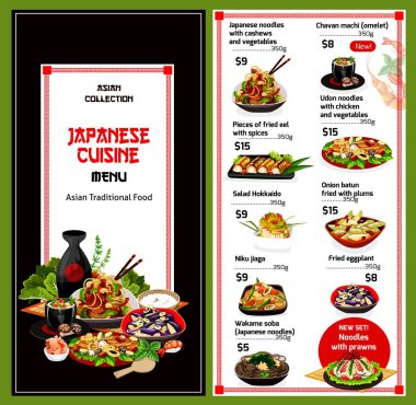 Japon eriştesi, et, deniz ürünleri, sebze salatası.