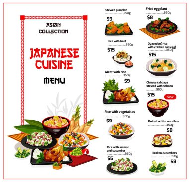 Et, balık ve sebzeli Japon pirinci. Asya menüsü