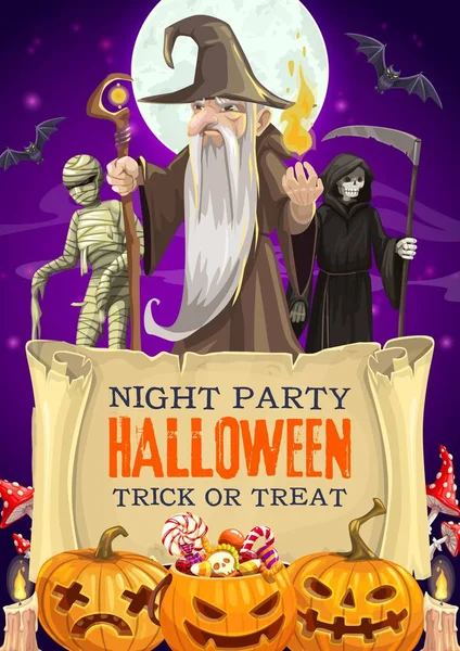 Хэллоуин конфеты в тыкве, волшебник, мумия, смерть — стоковый вектор