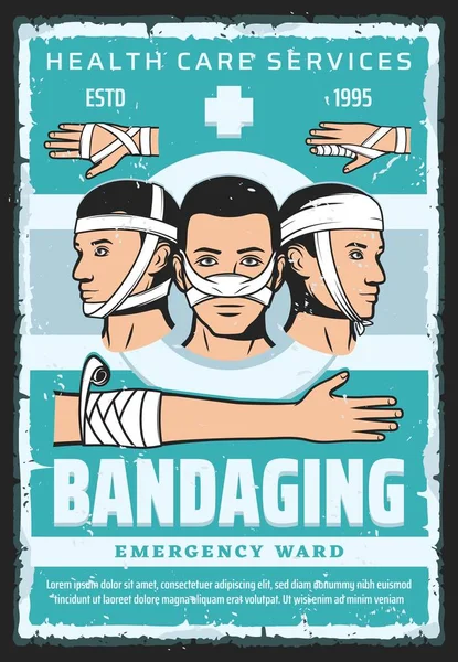 Bandage du bras, de la main, de la tête. Soins médicaux d'urgence — Image vectorielle