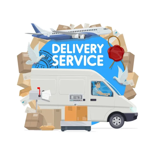 Camión de reparto de correo, cartero, paquetes y cartas — Vector de stock