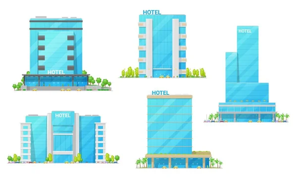 Rascacielos de hotel, edificios de motel y albergue — Vector de stock