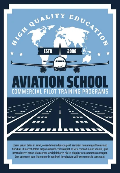 비행기, 공항 활주로, 세계 지도. 조종사 학교 — 스톡 벡터