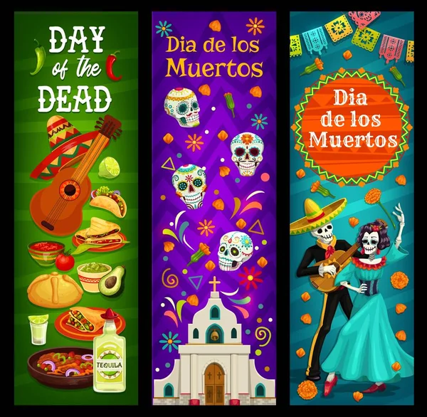 Dia de los Muertos skeletten, schedels en kerk — Stockvector