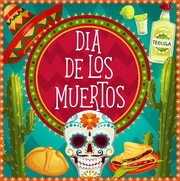 Crâne de sucre de jour mort, pain, sombrero et tequila — Image vectorielle