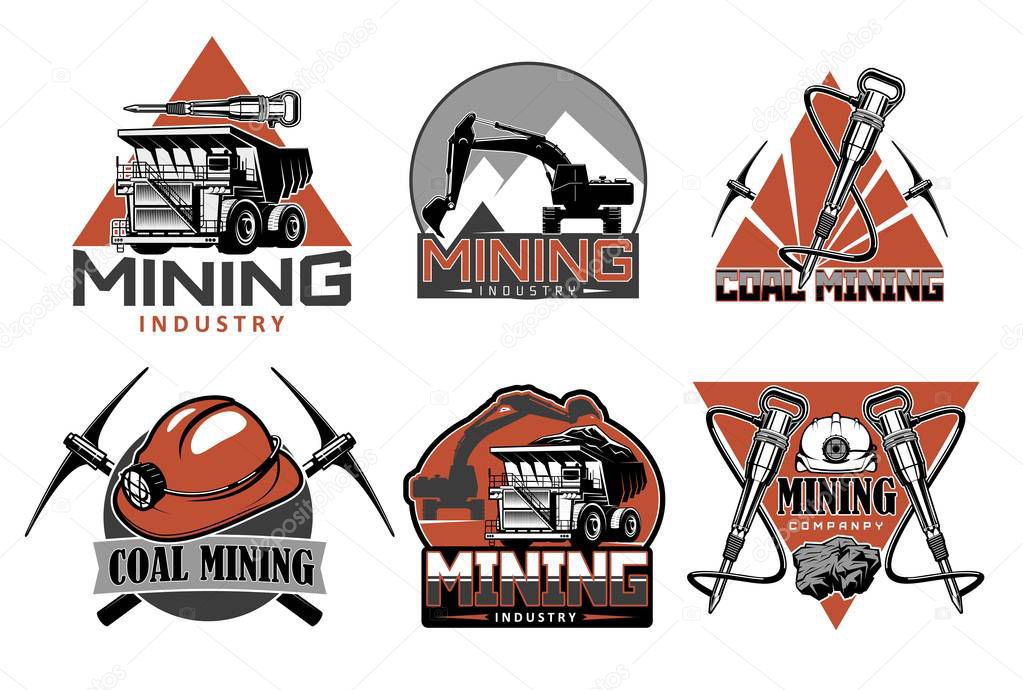 Coal mining industry icons with vector mining underground equipment, tools and machines. Pick axe, helmet and truck, drill, excavator and jackhammer symbols. Mining company emblems and badges design